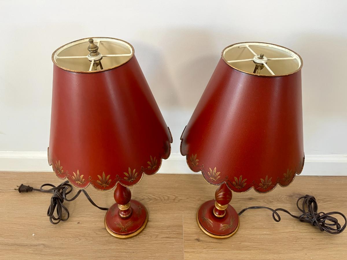 Red Candlestick Lamps with Tole Shades, Pair
