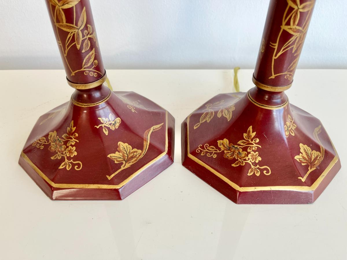 Red Painted Candlestick Buffet Lamps, Pair