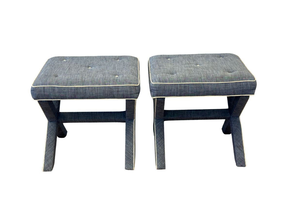 Tufted Parson Style X-Benches in the Style of Billy Baldwin, Pair
