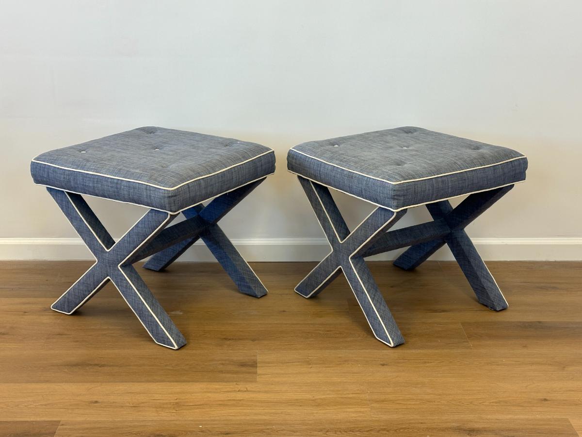 Tufted Parson Style X-Benches in the Style of Billy Baldwin, Pair