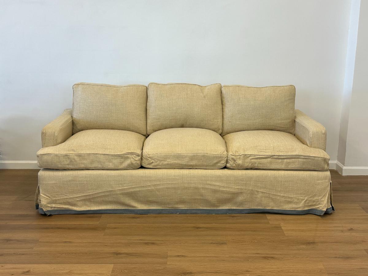 Custom Upholstered Down Slipcovered Sofa with Blue Tape Trim