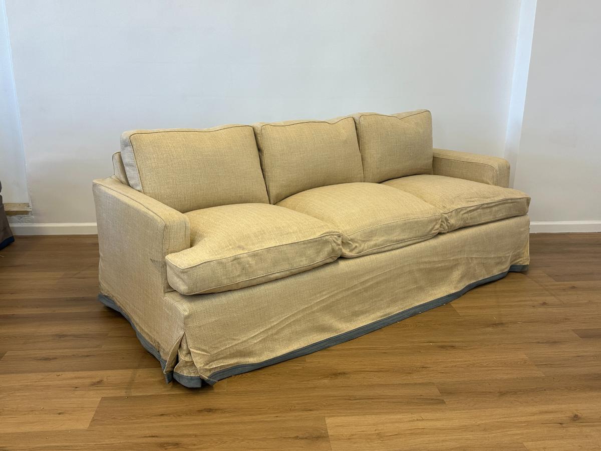 Custom Upholstered Down Slipcovered Sofa with Blue Tape Trim