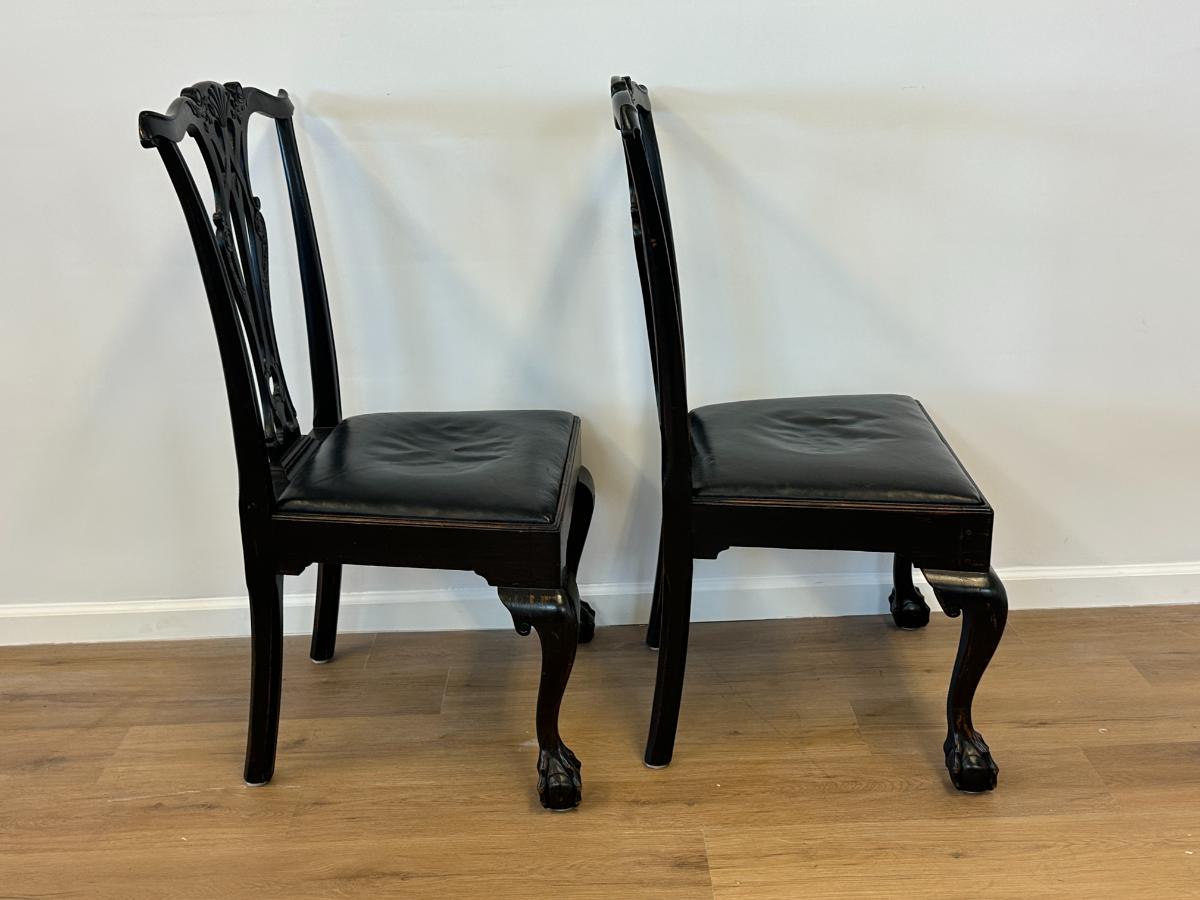 Black Chippendale Side Chairs with Leather Seats, Pair
