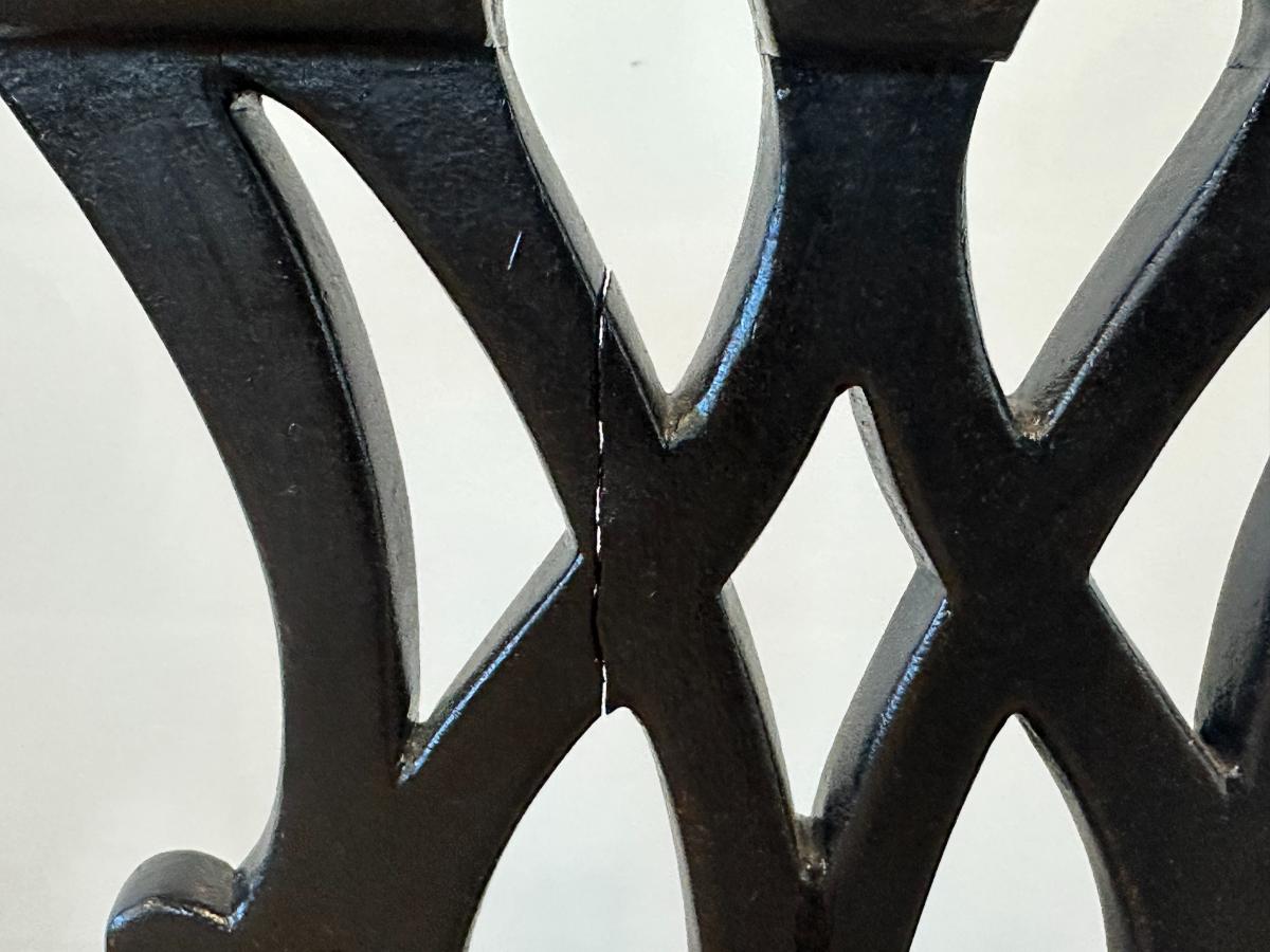 Black Chippendale Side Chairs with Leather Seats, Pair