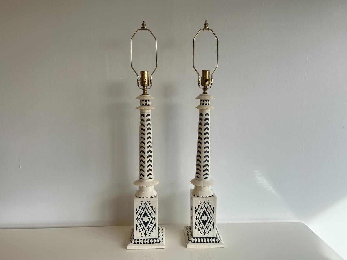 Designer Wood & Bone Table Lamps, Pair
