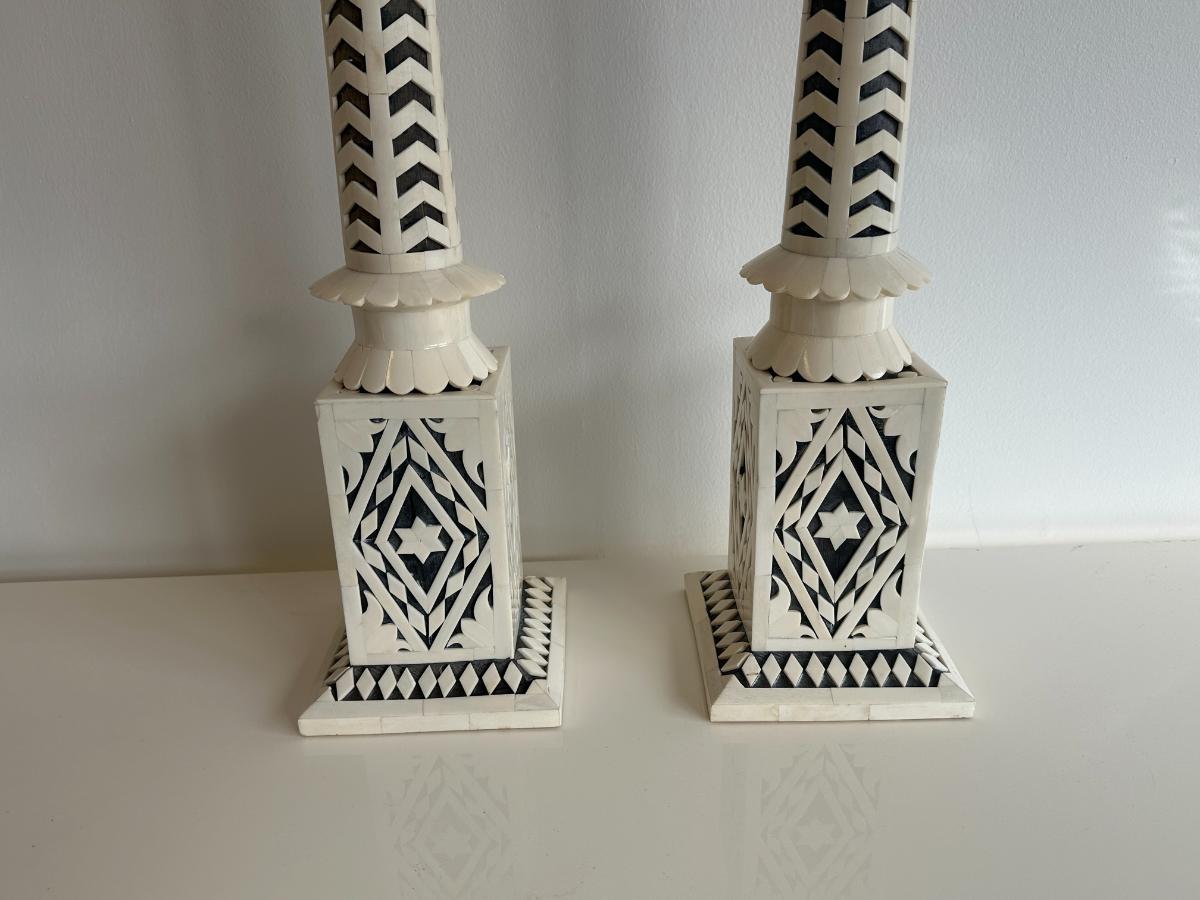 Designer Wood & Bone Table Lamps, Pair