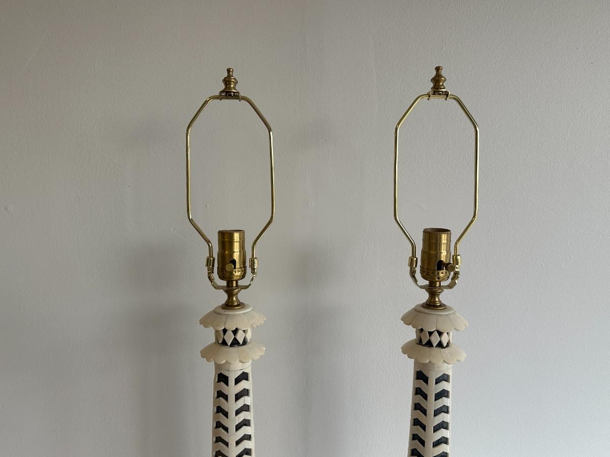 Designer Wood & Bone Table Lamps, Pair