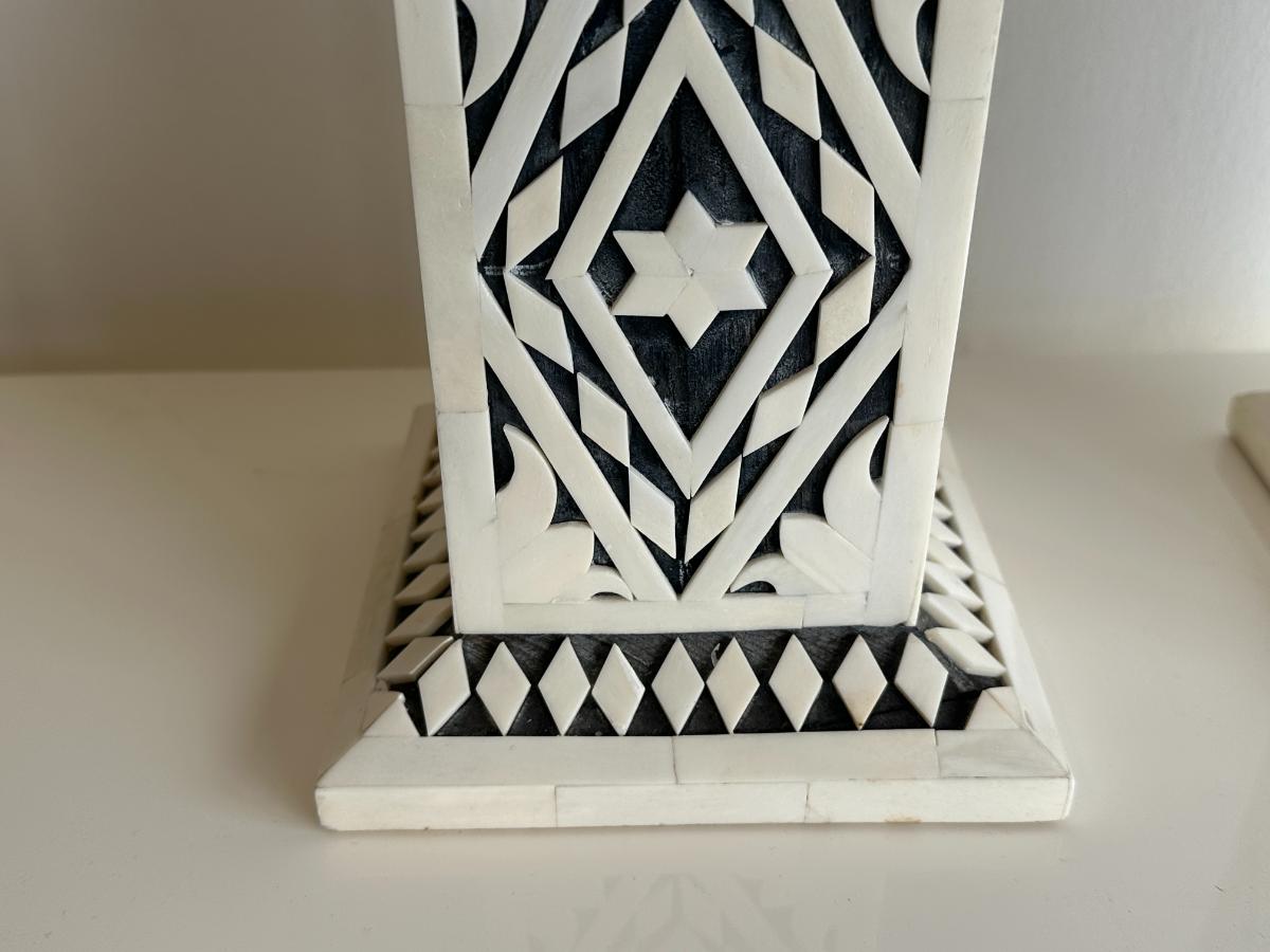 Designer Wood & Bone Table Lamps, Pair