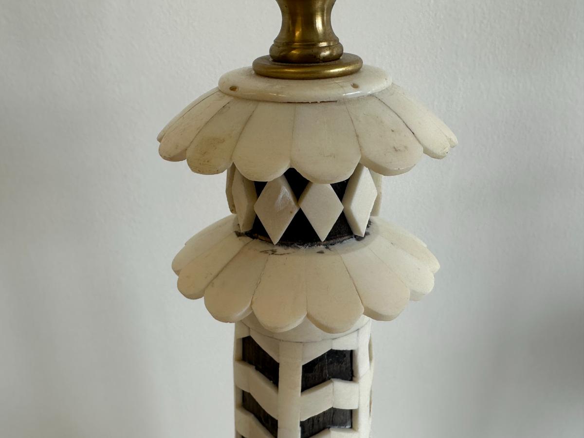 Designer Wood & Bone Table Lamps, Pair