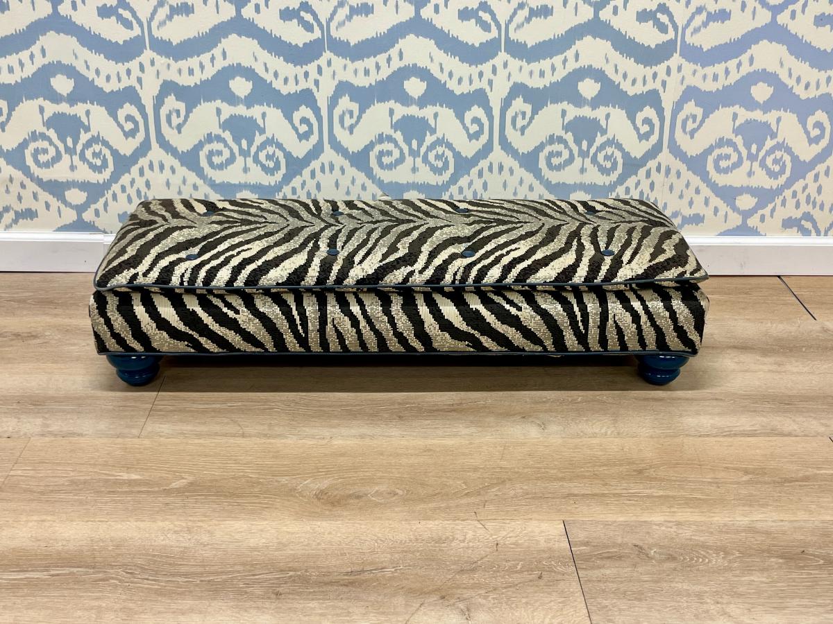 Custom Upholstered Zebra Print Footstool with Lacquer Bun Feet