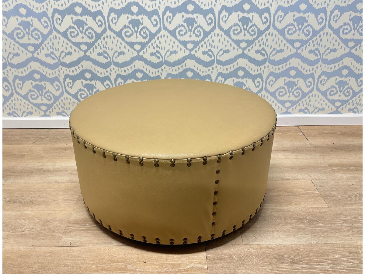 Drum Leather Ottoman with Nailhead Detail