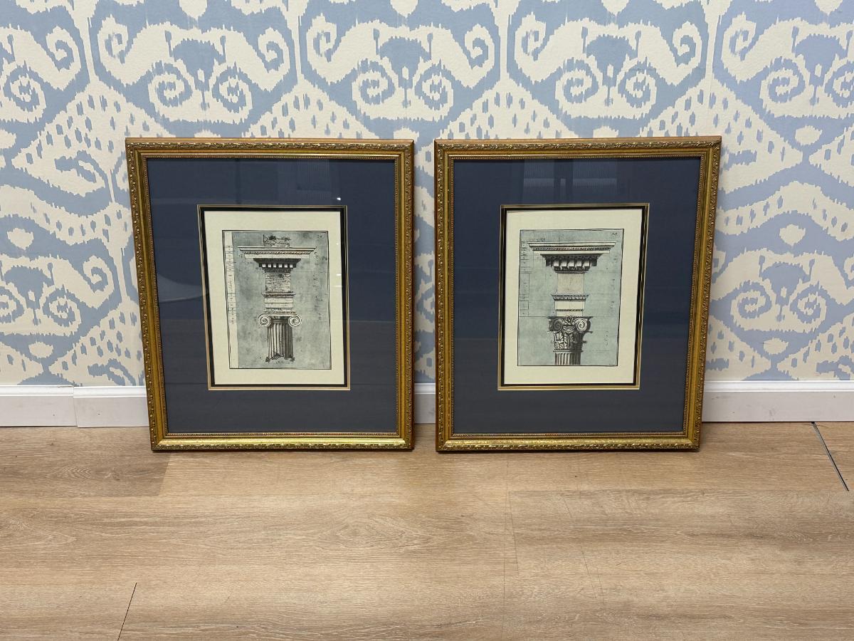 Framed Architectural Prints, Pair
