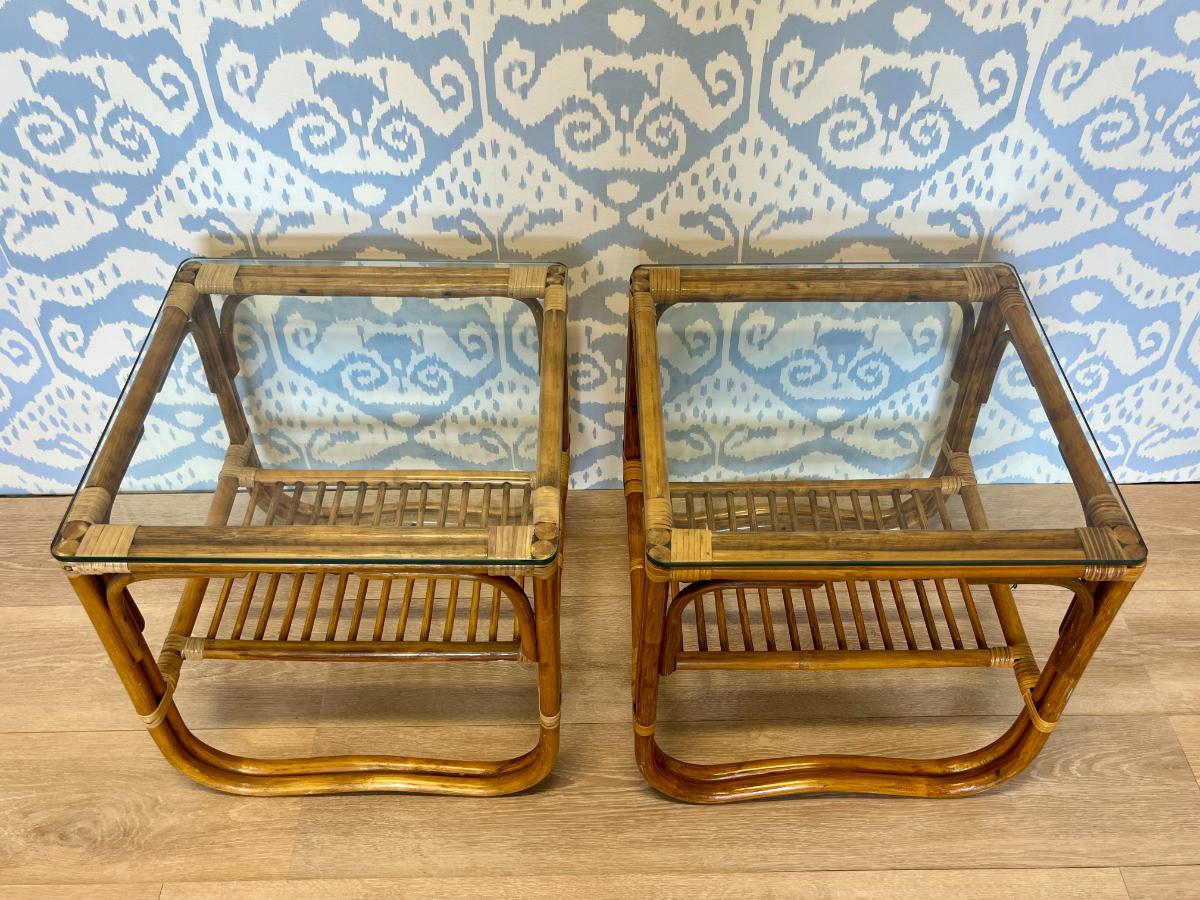 Vintage Rattan Side Tables, Pair