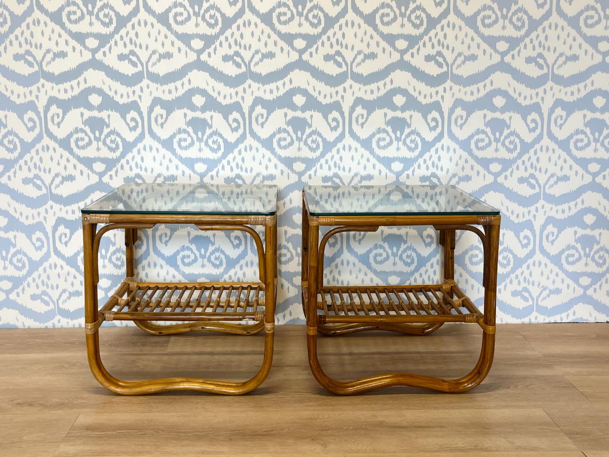 Vintage Rattan Side Tables, Pair