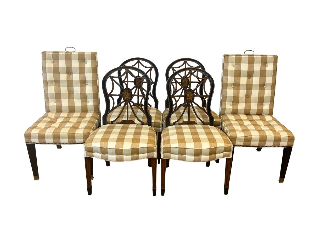Vintage Wooden Spider Chairs and Upholstered Armchairs in Buffalo Check, Set of 6