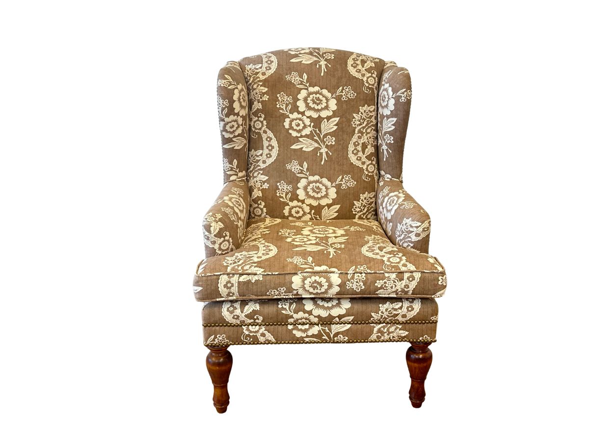Wing Chair in Brown and White Floral Fabric and Nailhead Detail