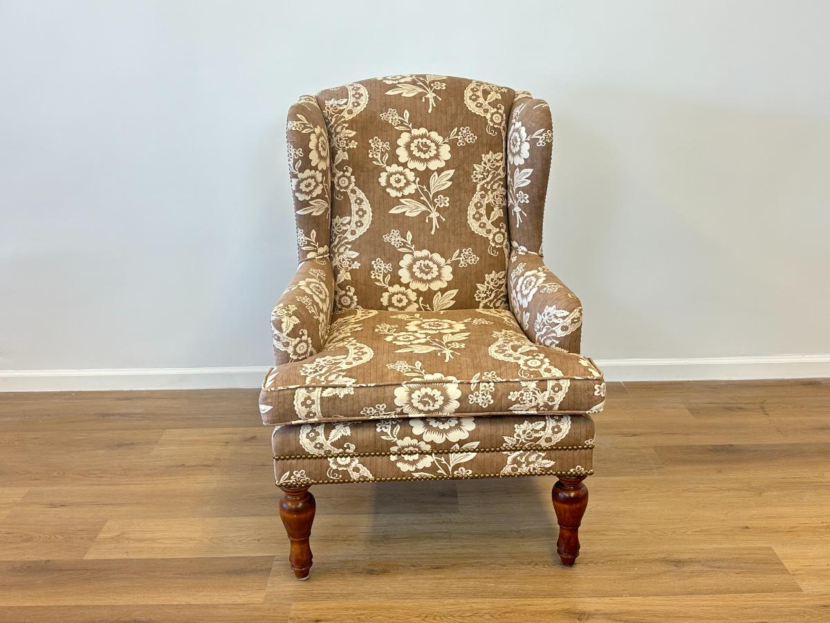 Wing Chair in Brown and White Floral Fabric and Nailhead Detail