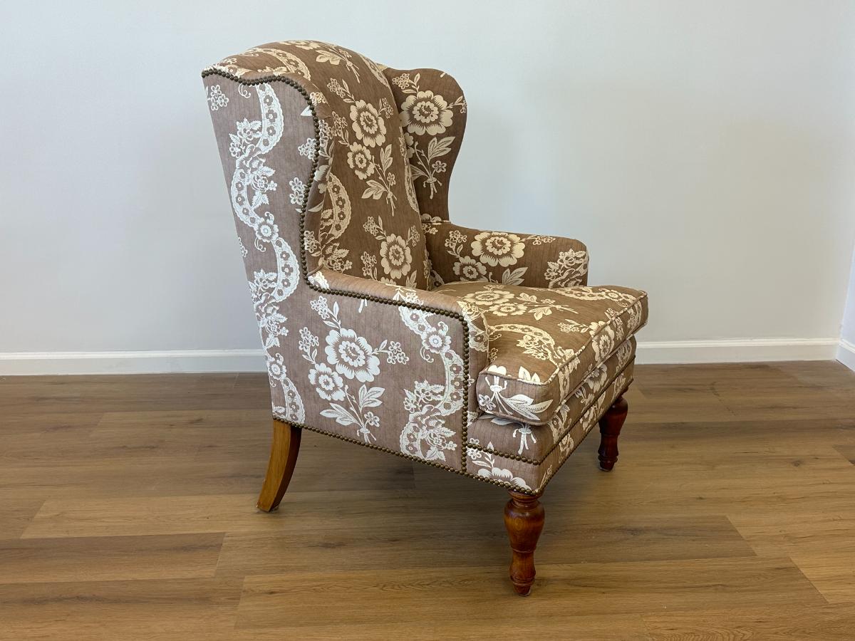 Wing Chair in Brown and White Floral Fabric and Nailhead Detail