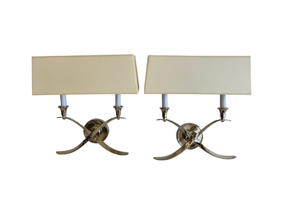 Chapman & Myers for Visual Comfort Cross Bouillotte Large Sconces in Polished Nickel, Pair