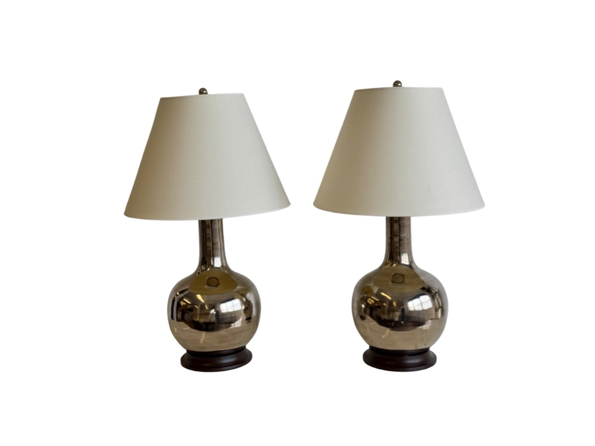 Christopher Spitzmiller Signed Large Gourd Table Lamps in Platinum Luster, Pair