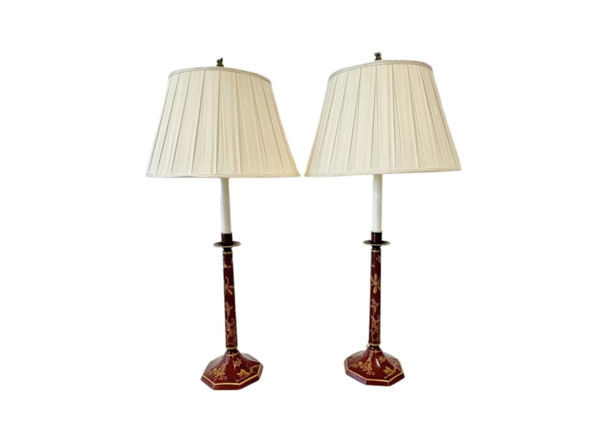 Red Painted Candlestick Buffet Lamps, Pair