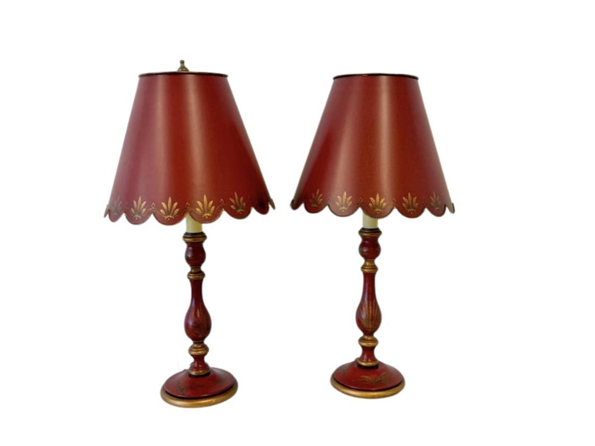 Red Candlestick Lamps with Tole Shades, Pair
