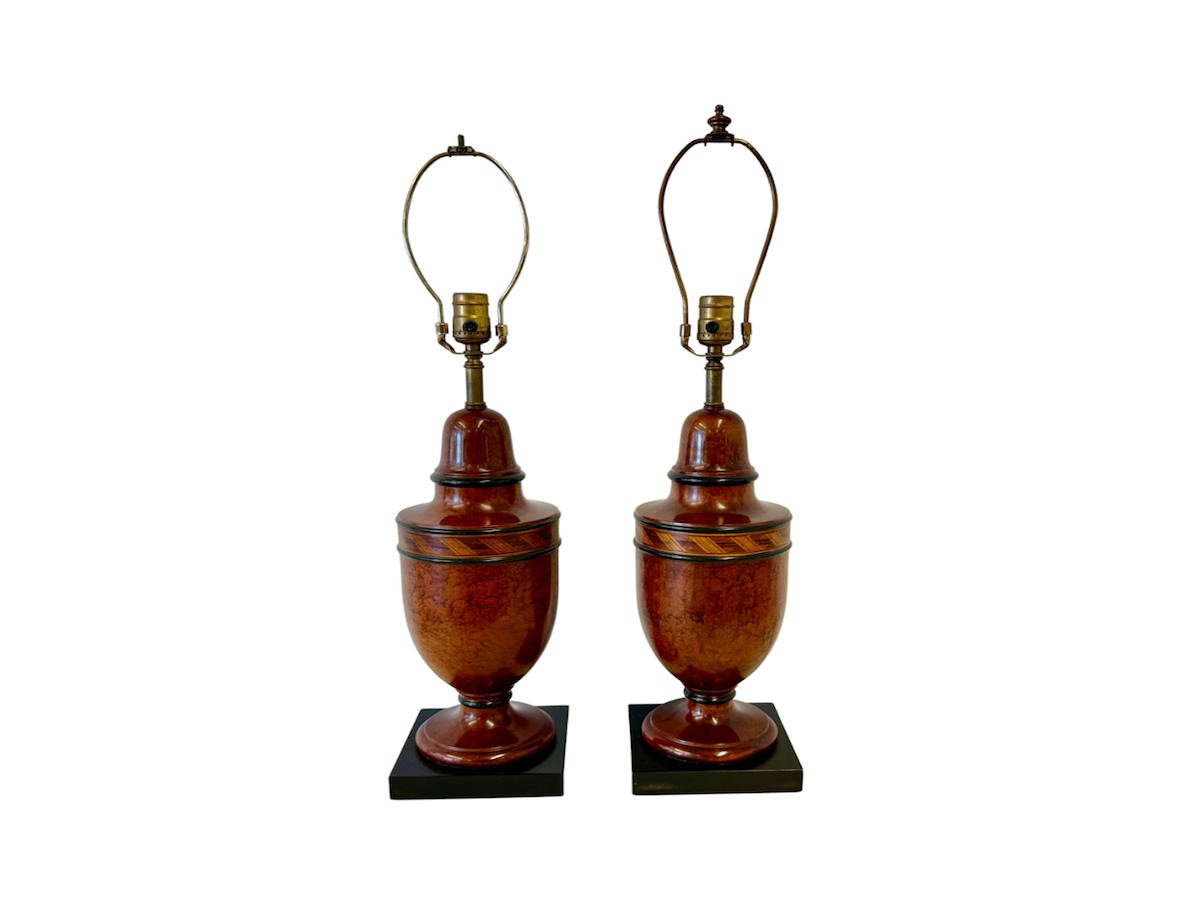 Regency Style Marquetry Inlaid Burl Wood Table Lamps, Pair
