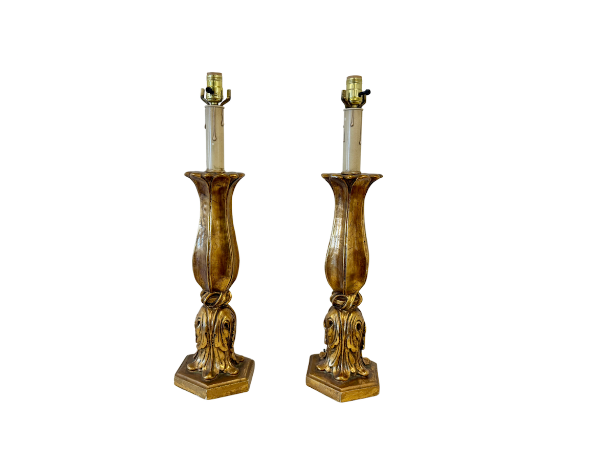 Tall Italian Neoclassical Gesso Candlestick Table Lamps, Pair