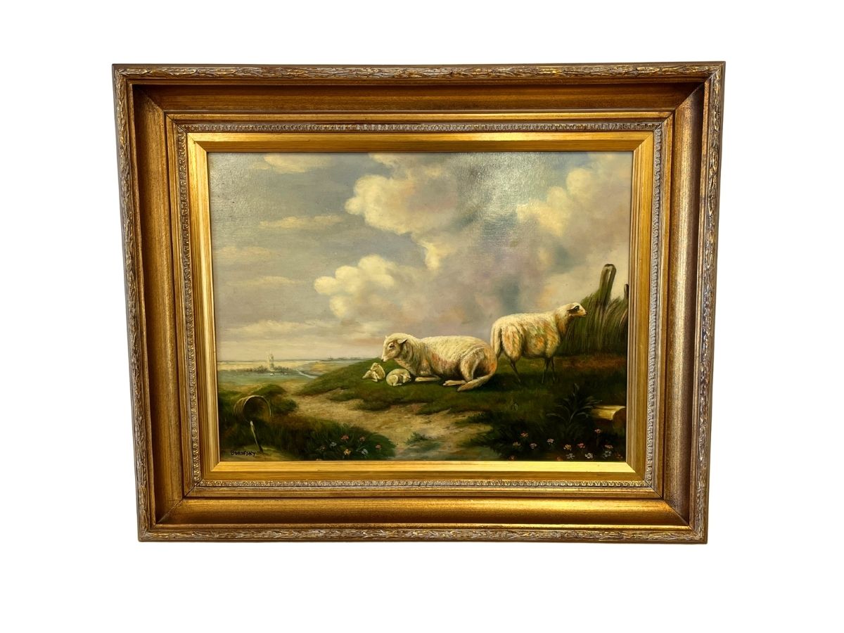 Beautifully Framed Sheep in a Landscape Oil Painting by Borofsky