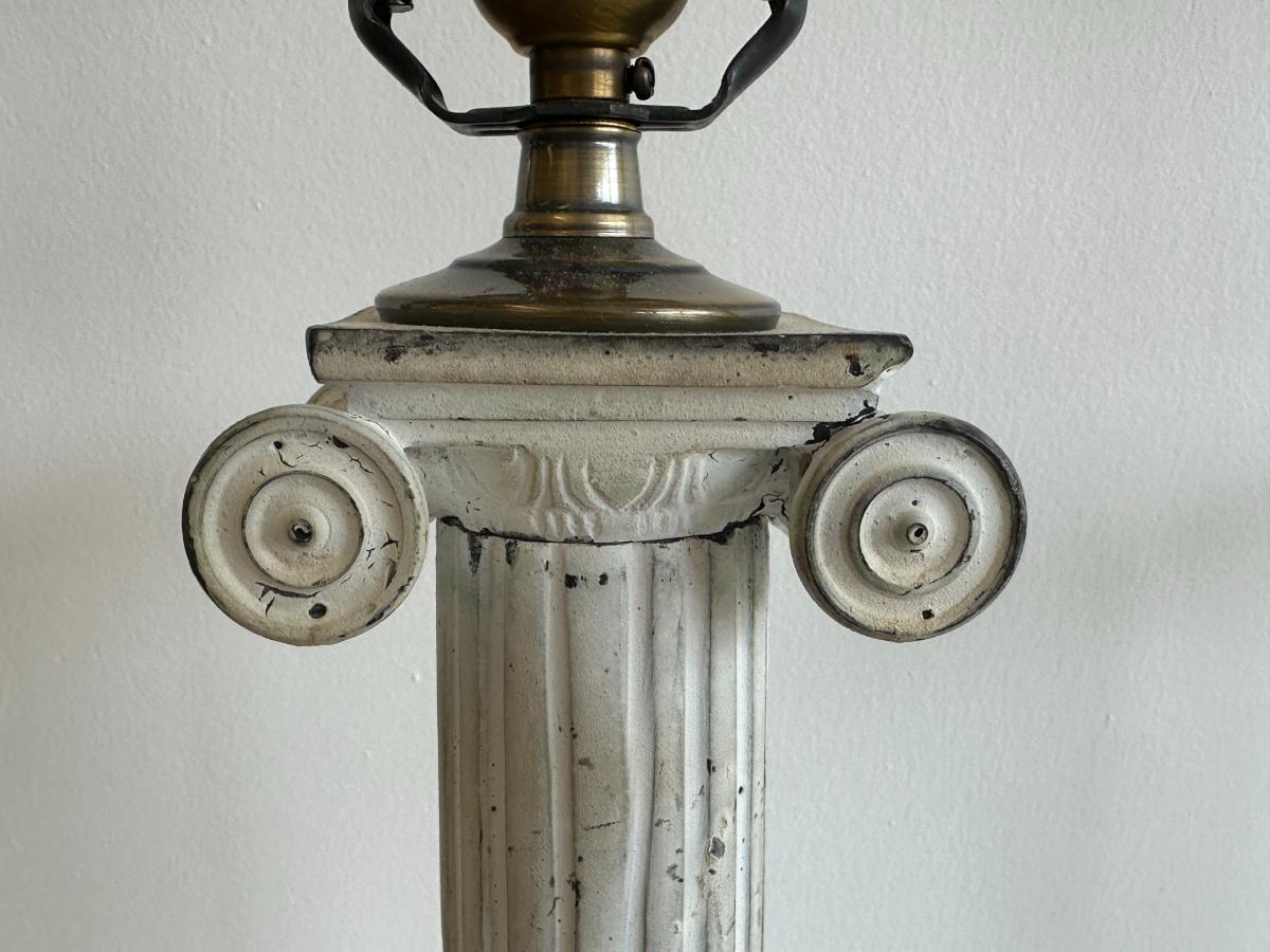 White Column Table Lamps with Pleated Shades, Pair