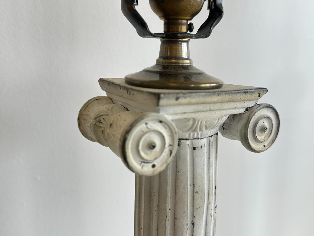 White Column Table Lamps with Pleated Shades, Pair