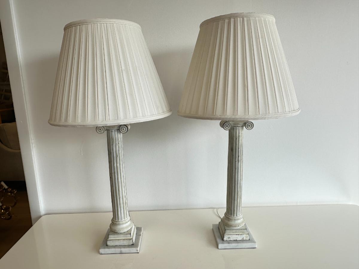 White Column Table Lamps with Pleated Shades, Pair