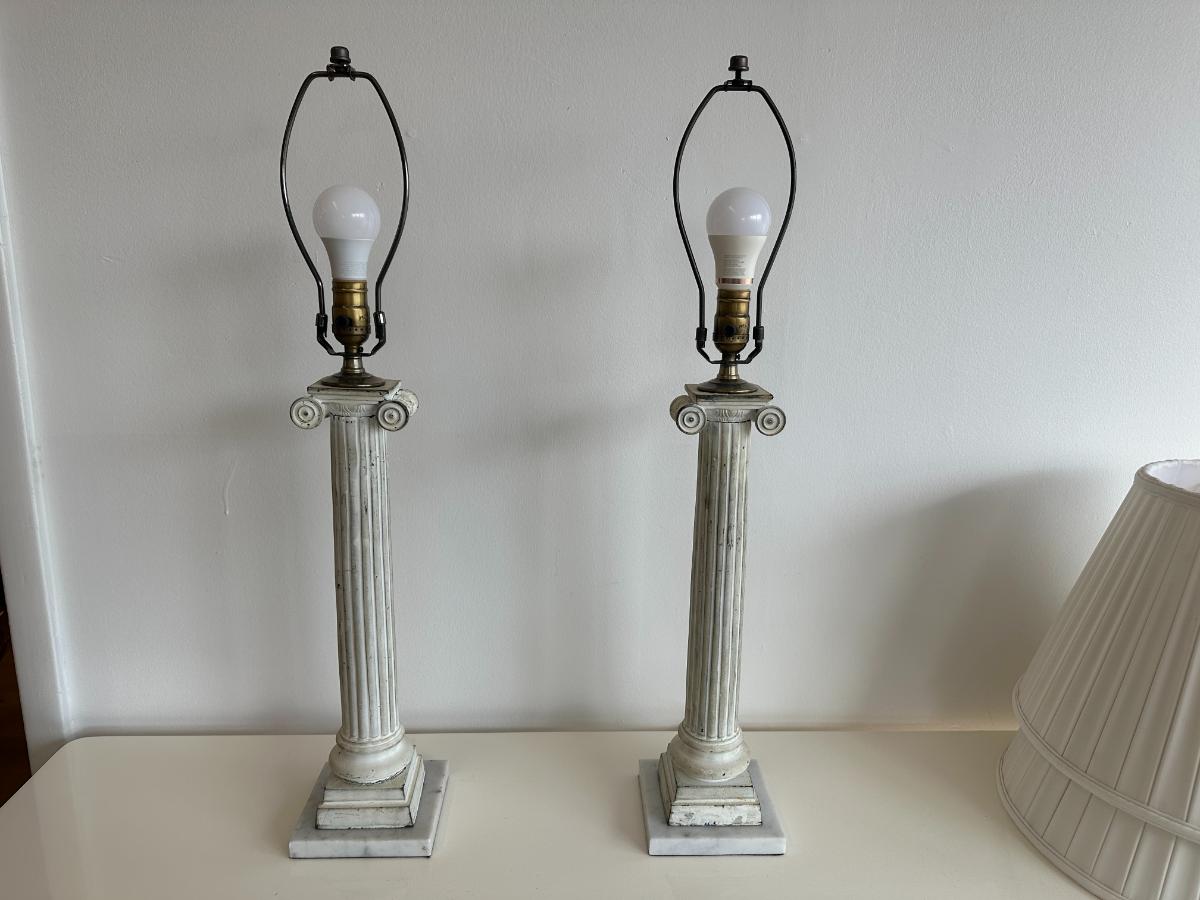 White Column Table Lamps with Pleated Shades, Pair