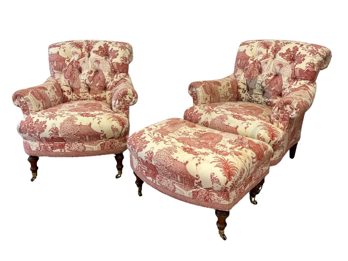 Custom Upholstered Edward Ferrell Tufted Back Club Chairs & Ottoman