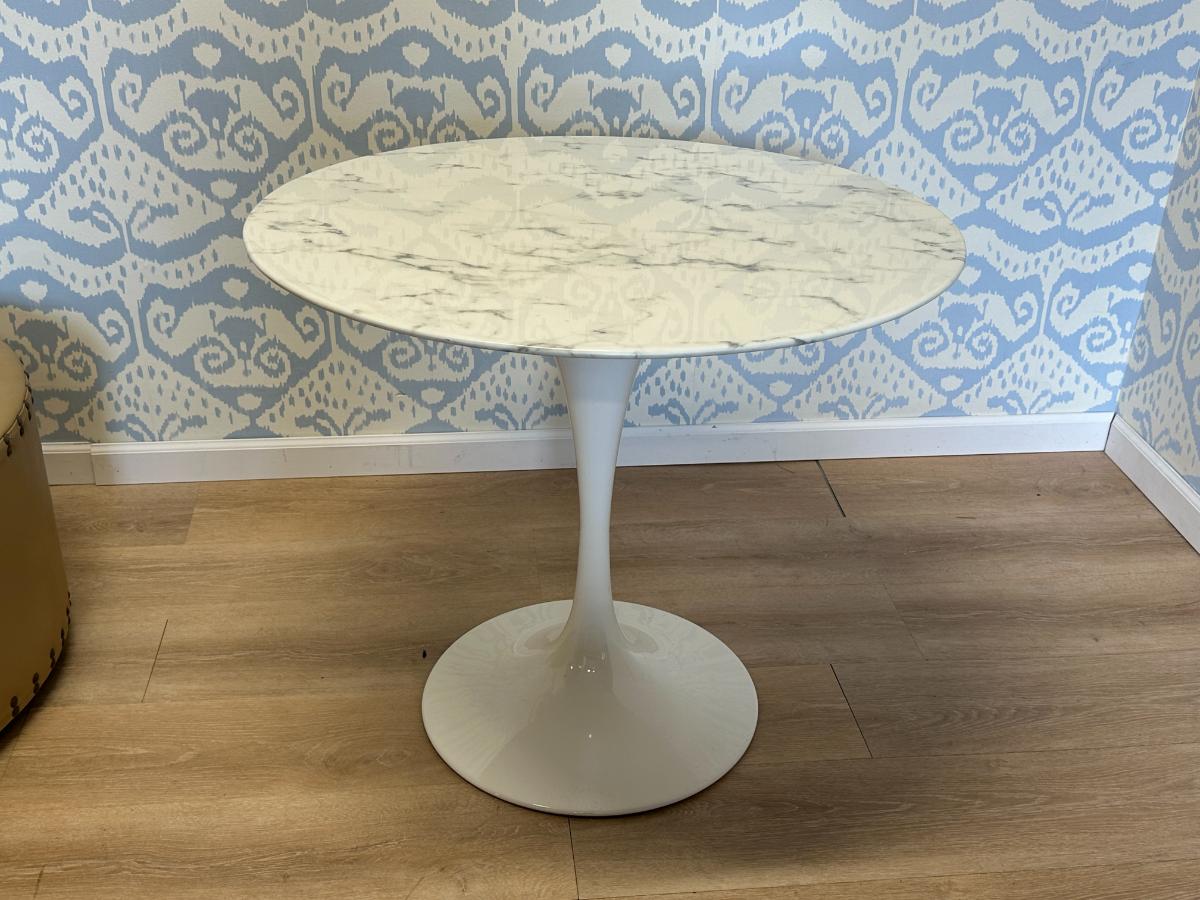 36" Round White Marble Dining Table with White Base