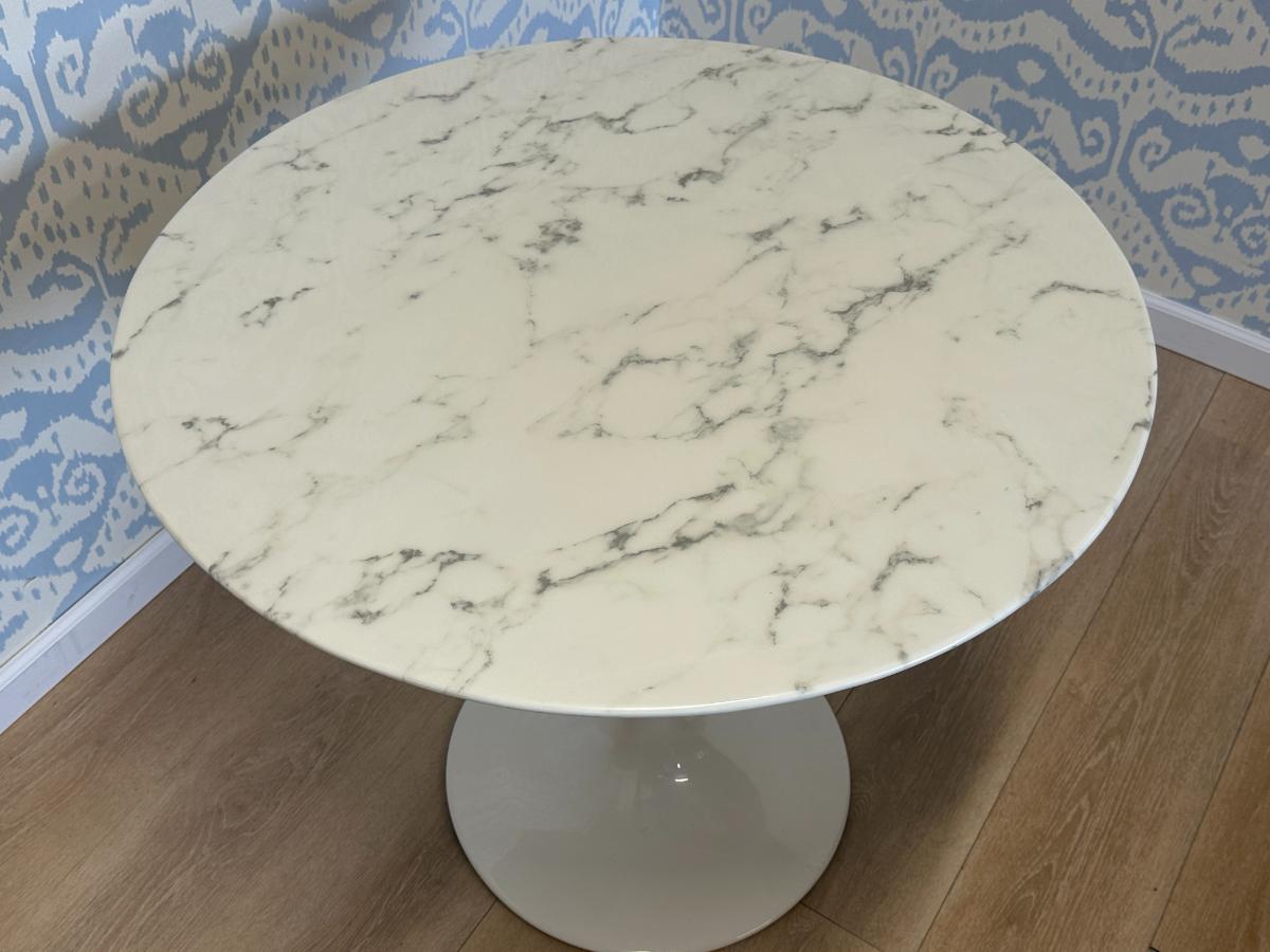 36" Round White Marble Dining Table with White Base