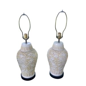 Floral Embossed Ivory Ceramic Urn Lamps, Pair