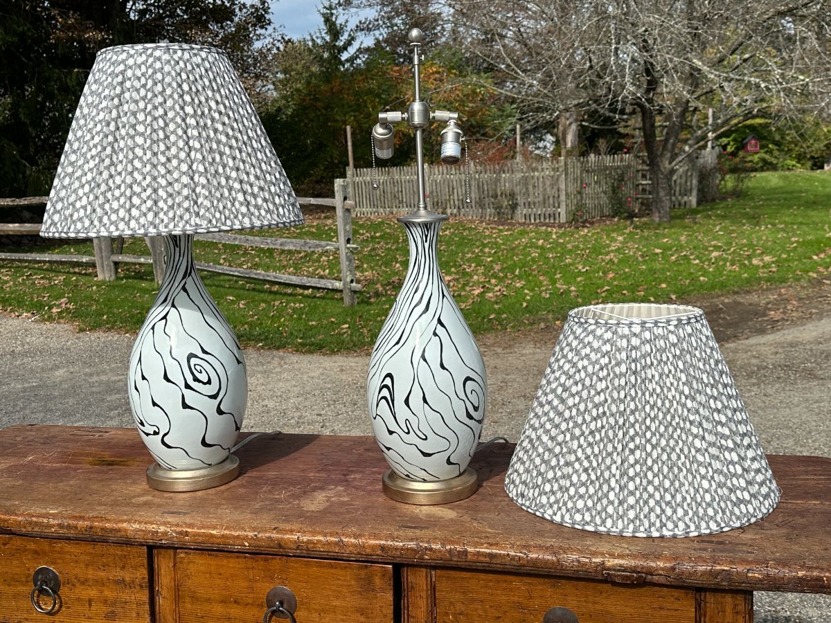 Bunny Williams Home Marbleized Lamps With Grey Pattern Shades Town And Sea