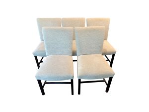 Lot #9 in the Town & Sea Designers Choice Sale is a Upholstered Dining Chairs, Set of 5, this product is 22"w x 22"d x 37.5"h, Seat height: 19", Seat depth: 20" and is in Chairs have light staining and light chew marks on legs, see photos. Use our Buy Now feature for $1200 or place a bid before the auction closes at 8pm on 8/17. Shop www.townandsea.com today!