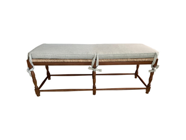 Lot # 7 is the Rush Bench with Custom Blue Cushion. This item's condition is: The rush bench is in good condition, the upholstery is slightly worn. The dimensions are: 54"w x 19"d x 20"h. Bench is from Ballard Designs. Place your bids by 9/21 in the Town & Sea Morristown Moving Sale. https://townandsea.com/sales/morristown-moving-sale/