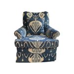 Lot # 3 is the Blue Ikat Skirted Armchair. This item's condition is: Good condition The dimentions are: 31"w x 30"d x 32"h, seat height: 17", seat depth: 21", arm height: 20" Place you bids by 9/21 in the Town & Sea Morristown Moving Sale. https://townandsea.com/sales/morristown-moving-sale/