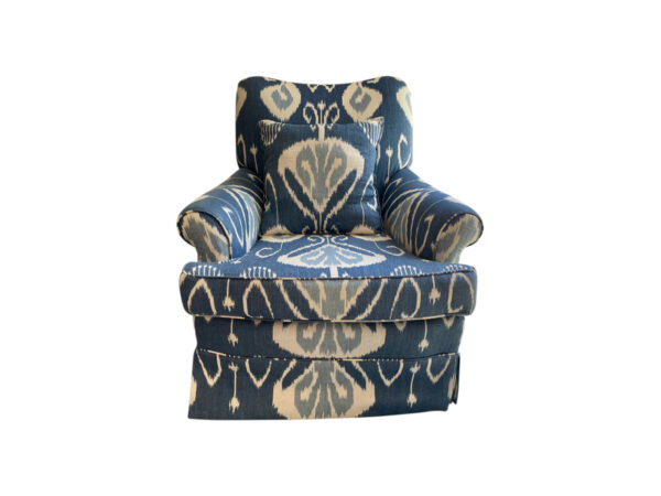 Lot # 3 is the Blue Ikat Skirted Armchair. This item's condition is: Good condition The dimentions are: 31"w x 30"d x 32"h, seat height: 17", seat depth: 21", arm height: 20" Place you bids by 9/21 in the Town & Sea Morristown Moving Sale. https://townandsea.com/sales/morristown-moving-sale/