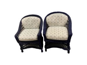 Lot # 24 is the Blue Wicker Chairs with Upholstered Cushions. This item's condition is: Light wear in paint, see photos. The dimentions are: 26"w x 22"d x 35"h, seat height: 21", seat depth: 18", arm height: 25" Place you bids by 9/21 in the Town & Sea Morristown Moving Sale. https://townandsea.com/sales/morristown-moving-sale/