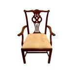 Lot # 25 is the Chippendale Armchair with Yellow Seat. This item's condition is: Good condition The dimentions are: 24.5"w x 17.5"d x 38"h, seat height: 19", arm height: 26.5" Place you bids by 9/21 in the Town & Sea Morristown Moving Sale. https://townandsea.com/sales/morristown-moving-sale/