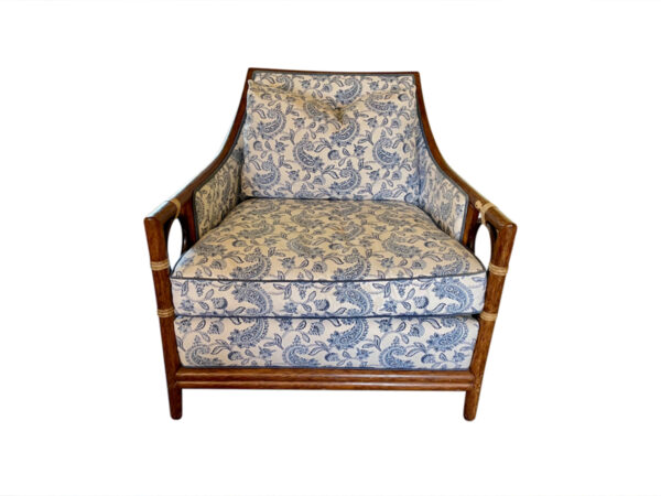 Shop lot # 22 the McGuire Laura Kirar Lounge Chair in the Town & Sea Southampton Estate Sale, the auction closes 9/27 at 8pm. This product is 32"w x 34"d x 32"h and its condition details are: Visible dog chew marks on the arm and staining on upholstery, see photos. Place your bids on https://townandsea.com/sales/southampton-estate-sale/ today!