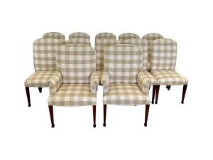 Shop lot # 28 the Set of 12 Upholstered Dining Chairs in the Town & Sea Southampton Estate Sale, the auction closes 9/27 at 8pm. This product is (10) Side Chairs: 20.5"w x 19.5"d x 41.5"h, seat height: 19", seat depth: 17" (2) Arm Chairs: 27"w x 20"d x 42"h, seat height: 19", seat depth: 17", arm height: 26.5". Color in check reads as a light olive. and its condition details are: Upholstery has some water damage, professional cleaning recommended. See photos. Place your bids on https://townandsea.com/sales/southampton-estate-sale/ today!