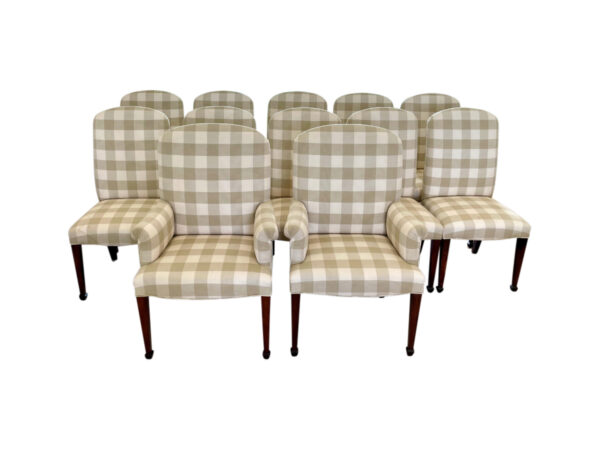 Shop lot # 28 the Set of 12 Upholstered Dining Chairs in the Town & Sea Southampton Estate Sale, the auction closes 9/27 at 8pm. This product is (10) Side Chairs: 20.5"w x 19.5"d x 41.5"h, seat height: 19", seat depth: 17" (2) Arm Chairs: 27"w x 20"d x 42"h, seat height: 19", seat depth: 17", arm height: 26.5". Color in check reads as a light olive. and its condition details are: Upholstery has some water damage, professional cleaning recommended. See photos. Place your bids on https://townandsea.com/sales/southampton-estate-sale/ today!