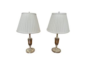 Shop lot # 9 the Silver Urn Table Lamps, Pair in the Town & Sea Southampton Estate Sale, the auction closes 9/27 at 8pm. This product is 7"dia x 26"h, shade: 14"dia x 11"h and its condition details are: Chips/antiquing consistent with age, small speckles on the lamp shade. Place your bids on https://townandsea.com/sales/southampton-estate-sale/ today!