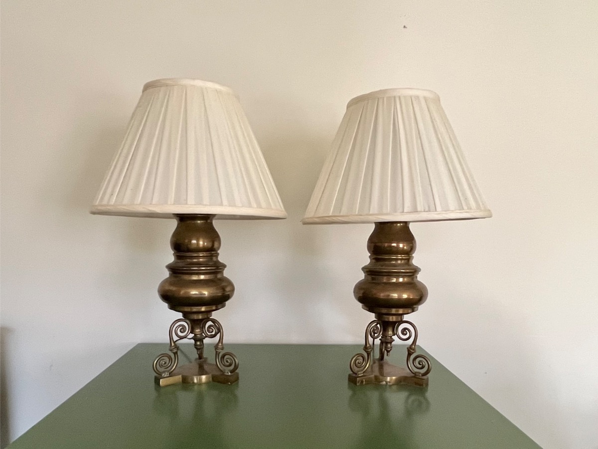 Brass Table Lamps with Scroll Design Bases, Pair - Town & Sea