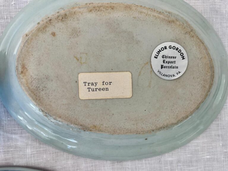 Oval ceramic tray with labels: "Tray for Tureen" and "Elinor Gordon Chinese Export Porcelain Villanova, PA.